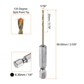 sourcing map 6pcs 1/4" Hex Shank Drill Bit 1/16" Gold Titanium M2 High Speed Steel Twist Drill Bit 135 Degree Split Point Tip Drilling Tool with Quick Change Hex Shank for Metal Wood Plastic