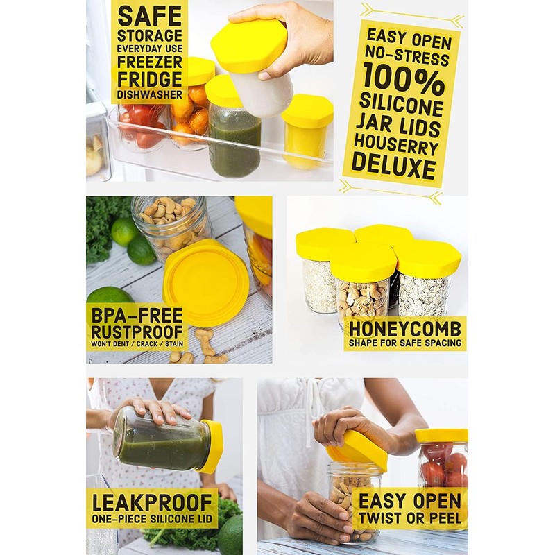 HOUSERRY DELUXE Easy-Grip Easy-Open 100% Silicone Mason Jar Lid -