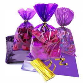prxififeq Purple Plastic Cello gift goodie Candy cellophane treat bags 6x9 inches with Twist Ties,100PC, Party Favor Wrapping Set