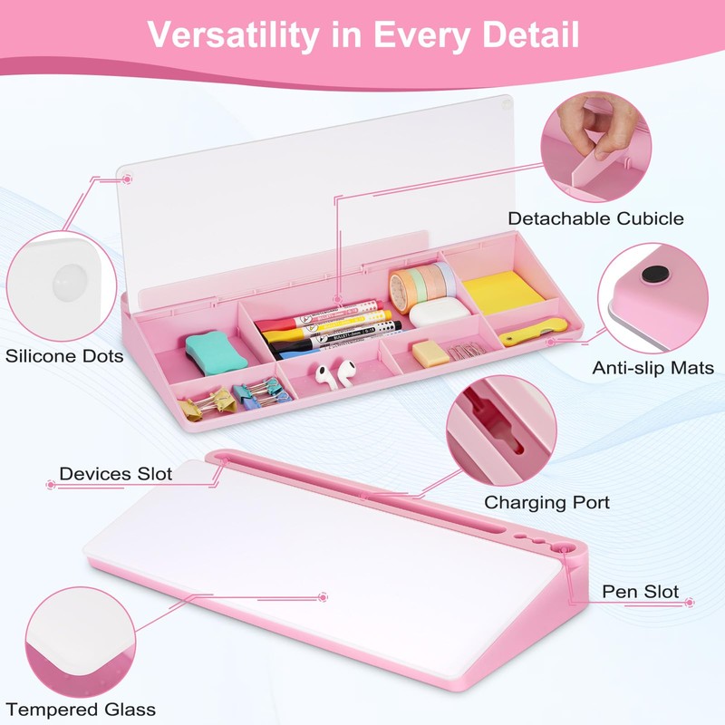 Desktop Glass Whiteboard with Storage, Pink Desk Dry Erase White