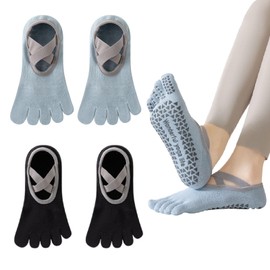 SensaBliss Women's 5-Toe Yoga Socks, Set of 2, Anti-Slip Socks, Pilates, Barre, Yoga, Fitness, Breathable, Antibacterial, Odor Resistant, Sweat Protection, 8.9 - 9.8 inches (22.5 - 25 cm), For Summer