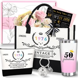 Unipinkart 50th 1975 Birthday Gifts for Women, 50 Year Old Birthday Fabulous Gifts for Women, Cool 50th Gift Canvas Tote Bag Set for Woman, Turning 50th Cup Gift Basket for Her Mom Sister Wife