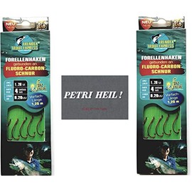 Set: 2-6 packs of tied trout hooks (10-30 pieces) to fluoro-carbon line leader, hook size 4, 6 & 8 from Behr + free Petri Heill! sticker (2 packs hook size 4)
