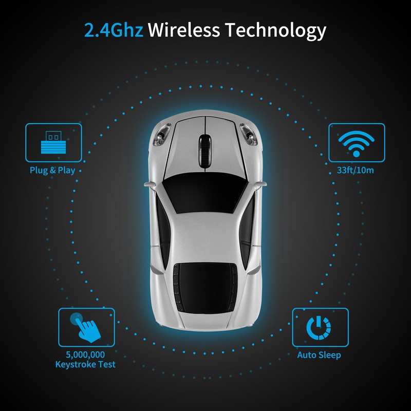 Wireless Mouse Silver Sports Car Style 2.4GHz USB Receiver 1600DPI
