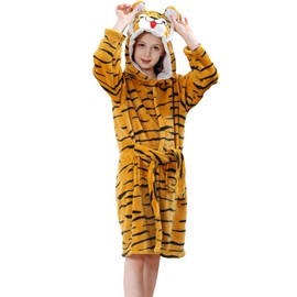 COOKY.D Unisex Bathrobes Toddler Animal Design Flannel Robe Boys Girls Nightgown Soft Hooded Sleepwear Pajamas with Pocket,Tiger 4-5 years