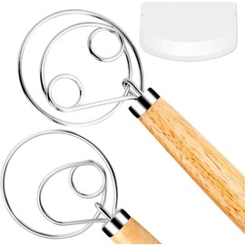 FUANRTK Danish Dough Whisk Bread Mixer，2 Pack Premium Stainless Steel Dutch Whisk With a Dough Scraper for Bread, Pastry or Pizza Dough - Perfect Baking