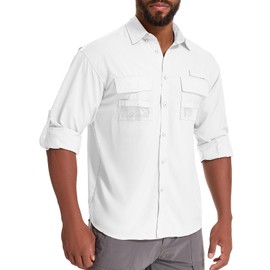 Toumett Men's Sun Protection Fishing Shirts Long Sleeve Safari Shirts UPF 50 UV Quick Dry Cooling Travel Work Shirts(5039,White,XL)