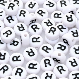 Amaney Letter Beads R 100pcs 7×4mm White Round Acrylic Black Alphabet for Jewelry Making