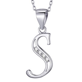 MASADA 925 Silver Letter Necklace - Initial Pendant with Cubic Zirconia Stones - 18" Chain with Velvet Pouch, Sterling Silver, Cubic Zirconia