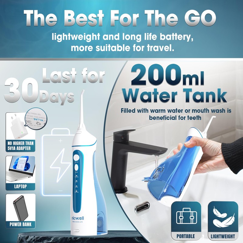 Nicwell Water Dental Flosser Pick for Teeth: 4 Modes Cordless