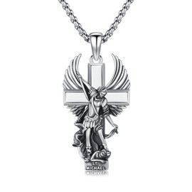 Hagkew St Michael the Archangel Necklace 925 Sterling Silver Archangel Saint Michael Cross Pendant Necklaces Catholic Amulet Religious Jewelry for Men