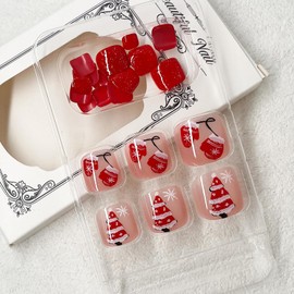 Jremg Christmas Press on Toenails Short Square with Red Gloves Designs Glossy Red Winter Xmas Trees Full Cover Glue on Toenails Cute Snowflake Red Solid Color Acrylic Toenails for Women 24Pcs