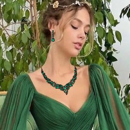 Ever Faith Wedding Bridal Jewellery Sets for Women, Sparkly Rhinestone Crystal Floral Teardrop Cluster Statement Necklace Dangle Drop Earrings Bracelet Set 3 Pcs Costume Jewelry Green Black-Tone