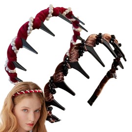 2PCS Vintage Artificial Pearl Hairband,Women's Fashion Headbands,Elegant Pearl Headbands,Plastic Wavy Hair Band with Teeth,Bridal Hair Hoop,Sparkly He/adbands for Women,Ladies Headban/ds