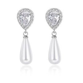 Teardrop Pearl Dangle Stud Earrings for Women/Ladie/Girls, Water Drop shape Cubic Zirconia Crystal Statement Diamond Jewelry, Vintage Silver Earrings for Wedding Gifts