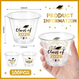 100 Pcs Graduation Cups 9oz Black Gold Class of 2026 Clear Plastic Disposable Drink Cups Congrats Grad Elegant Graduation Party Supplies High School College Tableware Decorations