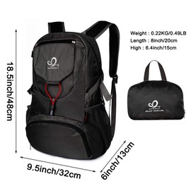 WATERFLY Hiking Backpack Lightweight Packable Hiking Daypack for Outdoor Traveling Cycling Camping (Black)