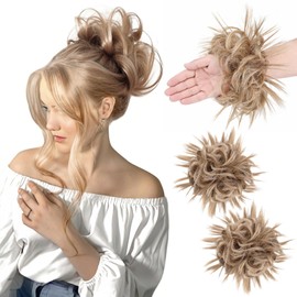 Qunlinta 2 PCS Large Messy Bun Hair Piece, Thick Tousled Updo Wavy Curly Hair Bun Scrunchies Extensions Synthetic Chignon Updo Hairpieces for Women Girls Ginger Blonde Mix Bleach Blonde