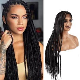 RESHE HD 33" Braiding Wig Knotless Cornrow Braids Wig Lace Frot With Baby Hair Synthetic Hair Natural Looking Handmade Lace Braid Wigs For African American Women Box Braided Wigs (#1B)