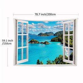Ulticool - Clear Window Sea Nature Beach Mountains - Tapestry Poster - 200x150cm - Garden Poster - Blue