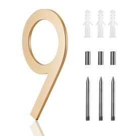 10 Inch Gold House Numbers For Outside Metal,Floating Large Modern House Numbers,Large Address Numbers Gold Floating Mount Flush Mount Aluminum Home Address Numbers 9