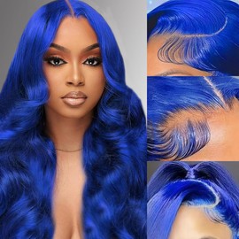 WAQI 28 Inch Blue Lace Front Wig Human Hair 13x6 Body Wave Lace Front Wigs Human Hair Pre Plucked Colored Blue Wigs For Women With Baby Hair