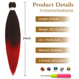 24 Inch Braiding Hair Pre Stretched Ombre Red 3 Packs Hot Water Setting Braiding Hair Soft Yaki PreStretched Extensions for Women(T1B/Red, 24Inch (Pack of 3))