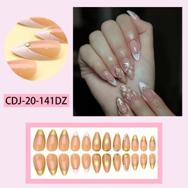 Medium Press on Nails Almond Fake Nails French Tip Cute Nails with 3D Flowers Rhinestone Charms Designs Full Cover Stick on Artificial Nails for Women 24 Pcs (Pink-12, S-12)