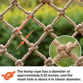 Ganggend Hemp Rope Net (3ft x 9ft) Heavy Duty Natural Jute Rope Climbing Safety Netting for Balcony Stairs, Fence, Garden, Playground Protection & Indoor/Outdoor Decor