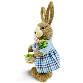 DearSun 14" H Easter Straw Bunny Figurine Tabletop Decor, Blue Sisal Rabbit Holding Flower&Basket, Spring Party Garden Table Decor Centerpiece for Home Office Kitchen Farmhouse;
