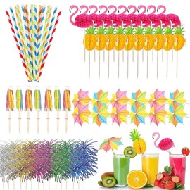 Cocktail Drinks Decorations Accessories Including Umbrellas Stirrers Reuseable Paper Straws Sparkler Sticks Pineapple Stirrers Flamingo Stirrers for Beach Birthday Festival Tropical Summer Pool Party