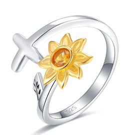 925-Sterling-Silver Sunflower Cross Rings - You Are My Sunshine Ring CZ Adjustable Size 6-8 Christian Religious Daisy Jewelry Gift