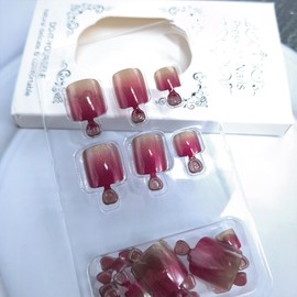 Tyuimhx Red Gradient Press on Toenails Square Fake Toe Nails Red Ombre False Toenails Glitter Full Cover Summer Stick on Toe Nails for Women 24 Pcs