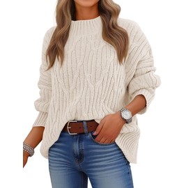 ANRABESS Womens Mock Turtle Neck Sweaters Cable Knit Long Sleeve 2026 Fall Winter Tunic Sweater Beige Large
