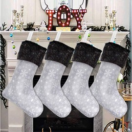 Senneny Christmas Stockings- 4 Pack 18" Grey and White Snowflake Christmas Stockings with Black Plush Faux Fur Cuff, Large Christmas Stockings Decorations for Family Christmas Holiday Party (Grey)