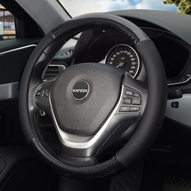 KAFEEK 16 inch Classic Carbon Fiber Steering Wheel Cover Compatible with F150 F250 F350 Ram 4Runner Tacoma Tundra Range Rover, Breathable Microfiber Leather, Black