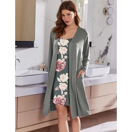 Ekouaer Robe Sets for Women 2 Pieces Nightgown Long Sleeves Sleepwear Soft Bathrobe 2024 Grey Pink Floral Medium