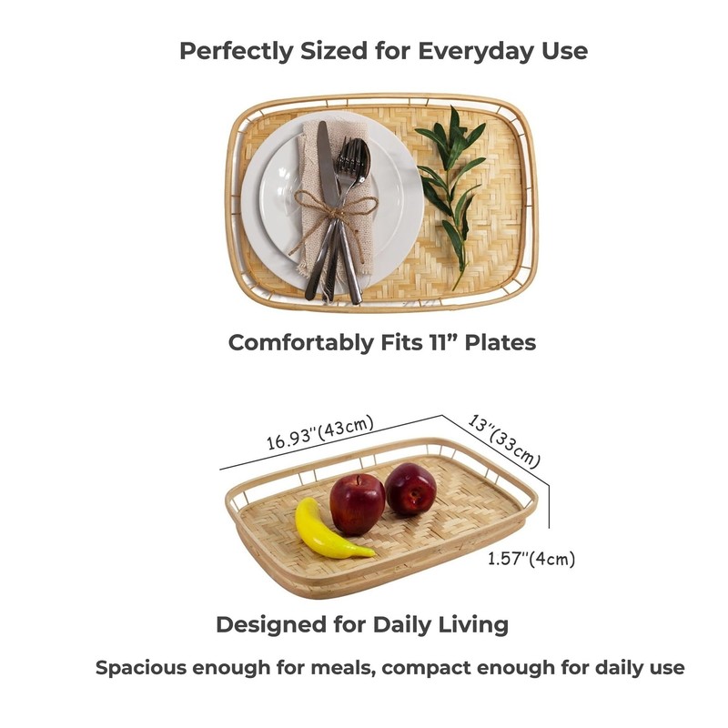 PEMAR Wicker Serving Trays w Handles,Rectangular Hand-Woven Lap Trays,Bamboo Bedroom