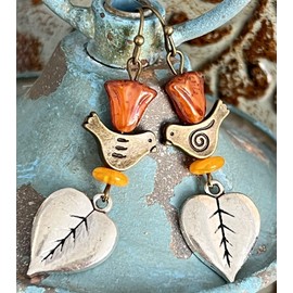 Bronze Bird and Silver Leaf Earrings Nature Spring Love Dove Fall. Jewelry Earrings for Women #3298FE3186