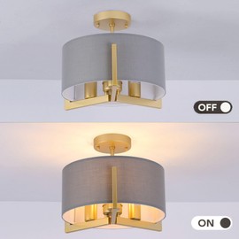 Mecuss Semi Flush Mount Ceiling Light 14 inch, 3-Light Gold Industrial Light Fixtures Ceiling Mount with Gray Drum Fabric Shade for Bedroom Entryway Hallway(E26 Base Bulb Exclude)