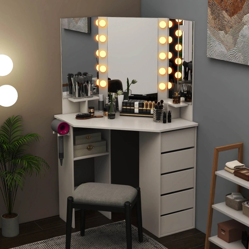 Costway Corner Vanity Desk Cosmetic Vanity Station w/ LED Mirror