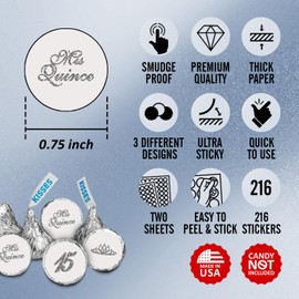 Mis Quince Birthday Silver Kisses Stickers, (Set of 216), Quinceanera Chocolate Drops Labels, 15 Party Decoration Favors Decor for Kisses. Made in USA.