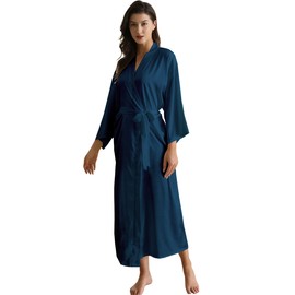OWITER Long Women's Satin Robe for Wedding Party or Bachelor Party 6040 (UK, Alpha, One Size, Regular, Regular, Dark Navy)
