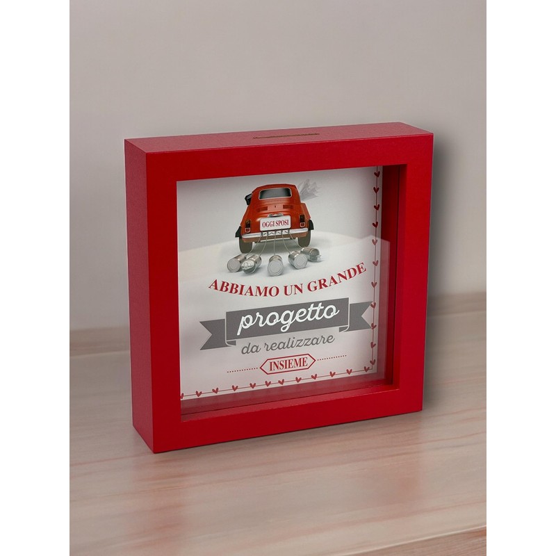 Salvadanaio Decorativo in Legno, Design Auto Oggi Sposi, Cornice Rossa
