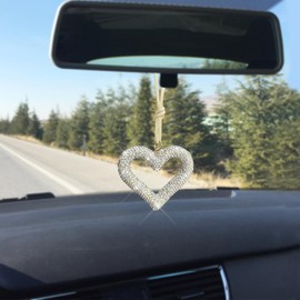 Lyxheth Bling Heart Car Hanging Accessories, Car Pendant for Women, Crystal Auto Rear View Mirror Charms, Universal Cars Charms Interior Decor Diamond Auto Accessories Fit Most Trucks SUVs (Silver)