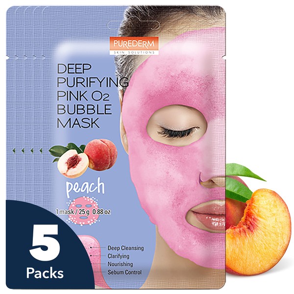 Purederm Peach Facial Mask Skin Care (5 Pack) - Bubble Face Sheet Mask for Moisturizing and Hydrating - Rich Collagen and Botanical Extracts Soothe and Illuminate Your Skin - Korean Beauty Skin Mask Pack The Perfect Gift Item & Home Spa