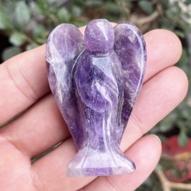 Ladeukoi Natural Stone Guardian Angel Statue, Hand Carved Healing Crystal Bag Figurines Decoration 2 Inches, Amethyst