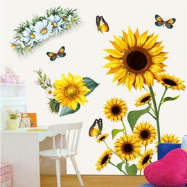 WOHAHA Wall Sticker, Plant, Stylish, Sunflower, Wallpaper Sticker, Removable, Scenery, Scenery, Floral Pattern, Wall Sticker, Decorative, For Bath, Living Room, Rental, Bedroom, Waterproof, Removable,