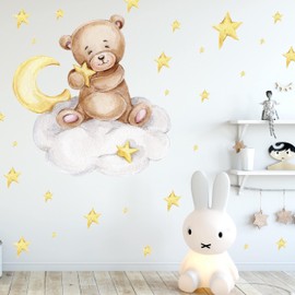 Cuddly Bear on the Cloud V292 | Hand-Drawn | Sticker Nursery | Wall Sticker for Children's Room Teddy Bear with Stars Teddy (75 x 75 cm)