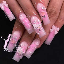 Coffin Press on Nails Y2K Long Pink False Nails Kawaii 3D Glitter Rhinestone Heart Pearl Bow Acrylic False Nails Glossy Gel Nails for Valentine's Day Women and Girls 24pcs LL01